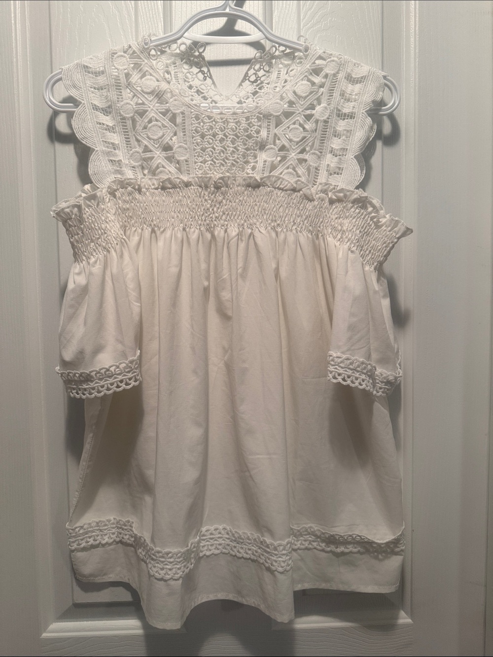 Bohemian Lace Yoke White Cold-Shoulder Tunic